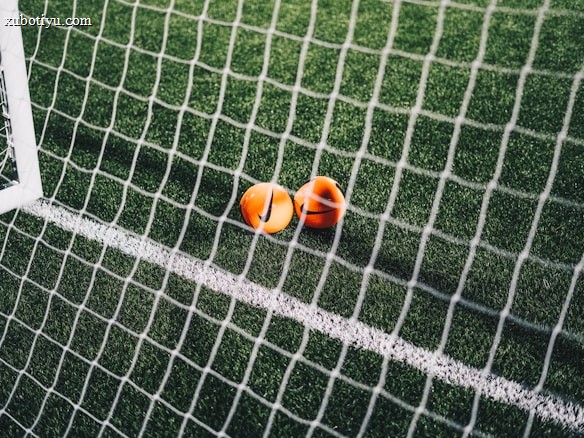 A close-up view of a football pitch, with a focus on two bright orange markers near the goal net. The green artificial turf is marked with a white line, and the net adds a texture to the scene.